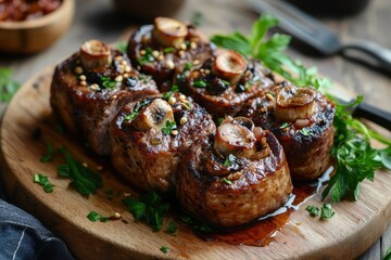 Mushroom filled meat roll in a speckled brown appearance