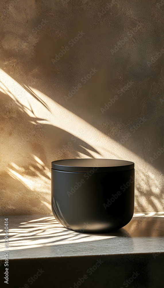 Poster a sleek black container displayed on a textured stone surface with dramatic shadowed lighting. -