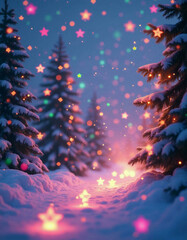 a snowy forest with a christmas lights  in the background