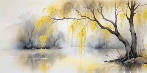 Delicate watercolor depiction of vibrant spring flowers blooming by a tranquil lake surrounded by soft, misty landscapes in the warm light of dawn