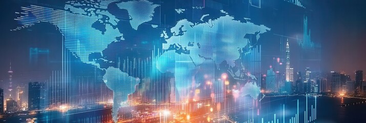 Digital Globe and Cityscape Composite, Cool Blues and Greens with Hint of Red, Set against Futuristic Backdrop for Business and Technology Visualization