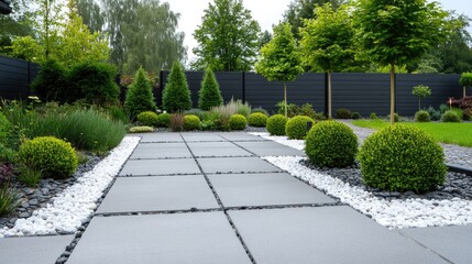 Obraz premium A tranquil pathway composed of stone slabs guides visitors through a beautifully landscaped garden with vibrant greenery and a modern black gate in the background.