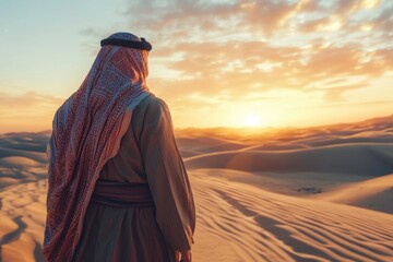 Bedouin in National dress standing in the desert  rear view  Wahiba Sands  Oman