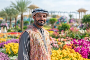 European tourist in Arabic dress at Dubai Miracle Garden