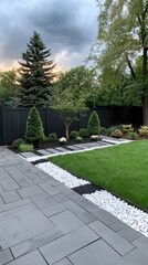 Obraz premium A tranquil pathway composed of stone slabs guides visitors through a beautifully landscaped garden with vibrant greenery and a modern black gate in the background
