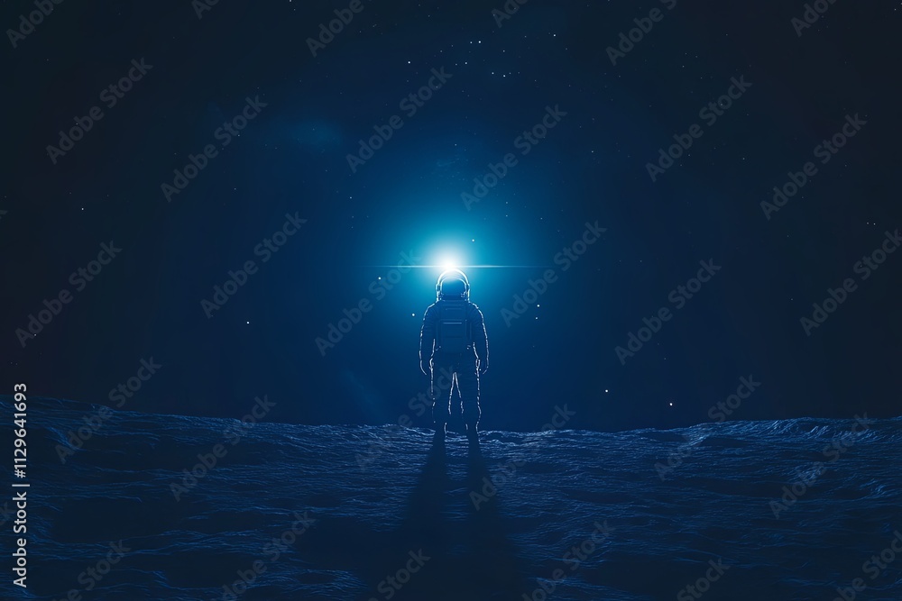 Poster astronaut explores the lunar surface under a starlit sky with a glowing helmet light. generative ai