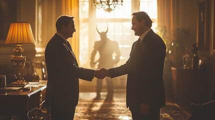 confident man sharp suit shakes hands shadowy figure stylish office symbolizing high stakes deal. luxurious setting adds tension and intrigue moment.