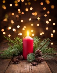Christmas background - First Advent Sunday - Red Advent candle with natural Xmas decoration, branches and pine cones on rustic wood with magic lights