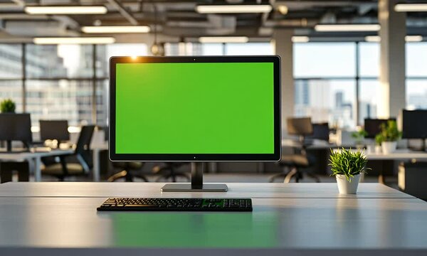 Computer monitor with green screen in an office setting.