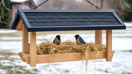 A small bird is perched on the edge of a black and wooden bird feeder filled with seeds. The feeder hangs from a roof above a green lawn, highlighting a serene garden setting