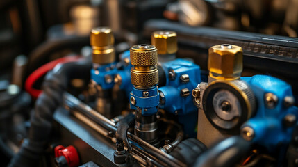 Close-up view of industrial pneumatic tools connected to a compressed air system with visible hoses and valves showcasing mechanical precision utility and the dynamics of industrial operations