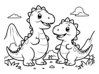 Fototapeta premium Adorable Dinosaur Duo: A Coloring Page Featuring Two Cute Dinosaurs in a Prehistoric Landscape