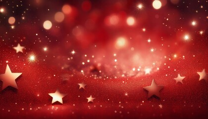Red christmas glitter background with stars. Festive glowing blurred texture.