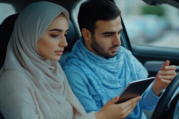 Muslim man teacher shows woman tablet in car for driving lesson.