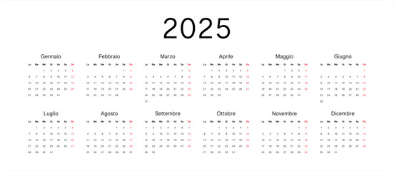 Calendar 2025 in Italian. Wall quarterly calendar for 2025 in a classic minimalist style. Week starts on Monday. Set of 12 months. Corporate Planner Template. Format horizontal. Vector 10 eps.
