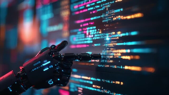 A robotic hand interacts with lines of code on a screen, symbolizing artificial intelligence in programming and software development.. AI Generation