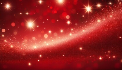 Red christmas glitter background with stars. Festive glowing blurred texture.