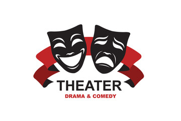 icon of comedy and tragedy theatrical masks with ribbon isolated on white background