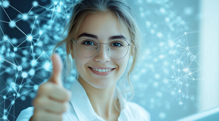 Beautiful, smiling business woman holding a laptop and showing a thumbs-up gesture against a light...