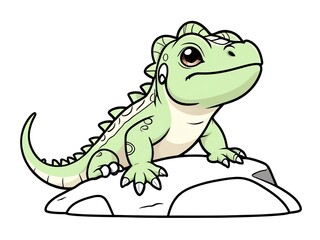 Fototapeta premium Adorable Baby Dragon Illustration: Cartoon Green Reptile on Rock