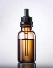 Amber glass dropper bottle with a dark top, filled with a golden liquid.