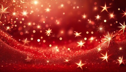 Red christmas glitter background with stars. Festive glowing blurred texture.