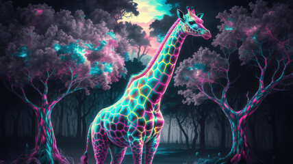 Neon Glowing Giraffe in a Psychedelic Forest - Surreal Animal Art