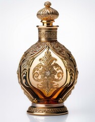 Ornate golden perfume bottle with amber liquid. Luxurious and elegant design.