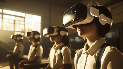 Students engaged in immersive virtual reality learning, showcasing the innovative use of technology in enhancing educational experiences and interactive classroom environments.