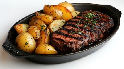 Succulent grilled steak rests alongside perfectly roasted baby potatoes, both seasoned with herbs, creating a delightful culinary experience ideal for dinner.