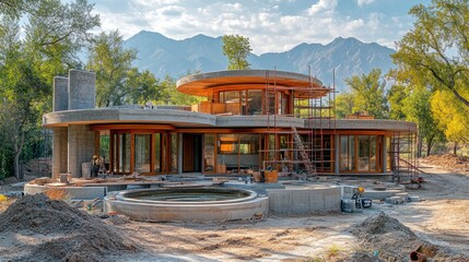 Obraz premium Modern home under construction with scenic backdrop.