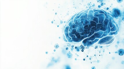 Human brain depicted in a glowing, futuristic style, surrounded by abstract neural connections and scientific elements on a white background