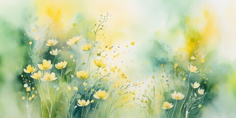 Delicate watercolor illustration capturing the vibrant essence of spring flowers amidst a lush green background, radiating joy and tranquility in nature's awakening