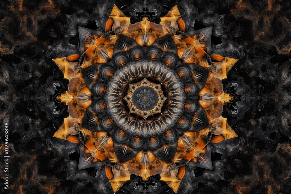 Poster intricate kaleidoscope inspired mandala design showcases complex geometric patterns, forming a capti