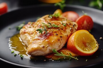 Orange Butter Chicken Piccata on Black Plate with Veggies and Tomato a Popular Italian Fusion