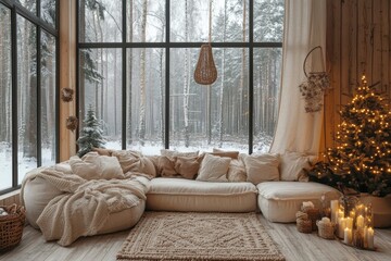 A warm and cozy cabin interior with a plush sofa, knitted blankets, and a Christmas tree, overlooking a snowy forest through large windows.