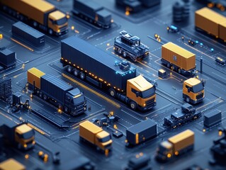 A futuristic depiction of logistics with autonomous trucks and advanced systems, showcasing a digitalized approach to freight management on a blue-toned layout.