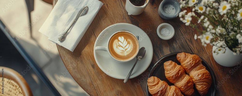 Poster topdown view of a table with artisan coffee and fresh croissants, menu items styled around the setup