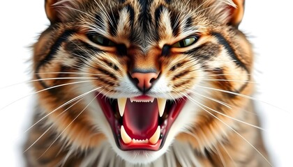 Obraz premium Close-up of an Aggressive Tabby Cat with Open Mouth Showing Teeth, Fierce Expression, Domestic Animal Portrait