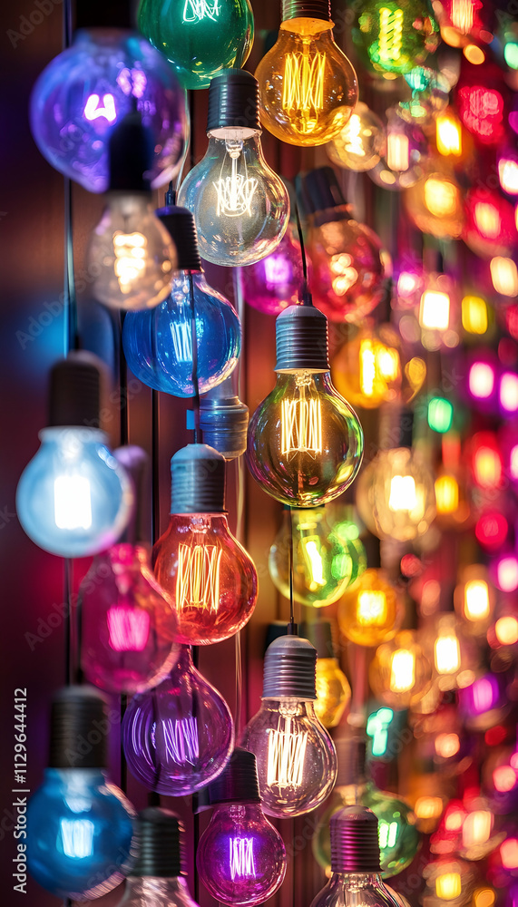 Poster a colorful wall of light bulbs in varying sizes and colors arranged in a playful pattern -