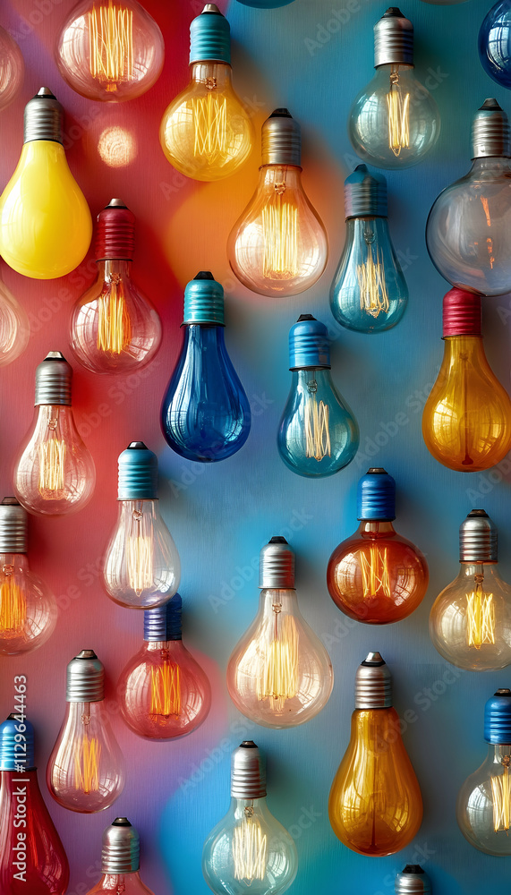 Poster a colorful wall of light bulbs in varying sizes and colors arranged in a playful pattern -