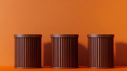 Three wooden logs are arranged in a row on an orange background. The logs are of different sizes and are placed in a way that they appear to be stacked on top of each other