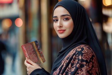 Arab woman wearing abaya holding Card. Muslim lady happy
