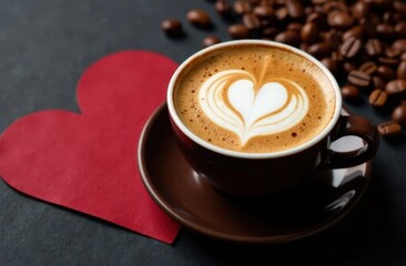 Coffee cup with heart-shaped latte art, red heart decoration, and coffee beans on dark background.