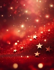 Red christmas glitter background with stars. Festive glowing blurred texture.