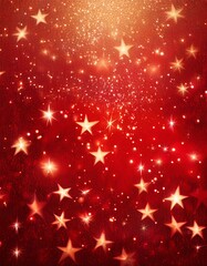 Red christmas glitter background with stars. Festive glowing blurred texture.