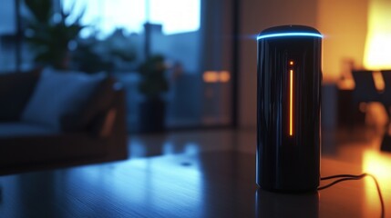 Sleek Smart Home Assistant, a modern virtual assistant device glowing with its light indicator, showcasing the ease and convenience of integrated smart home technology.