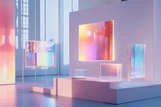 Modern art installation featuring colorful glass panels in bright, spacious gallery setting. Generative AI