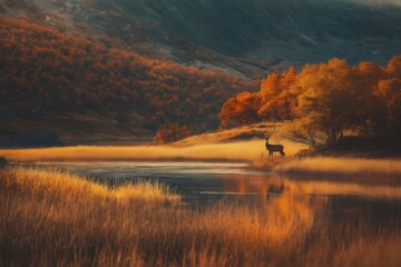 Obraz premium Wild deer with large antlers standing by a calm lake in a beautiful autumn landscape, surrounded by golden foliage