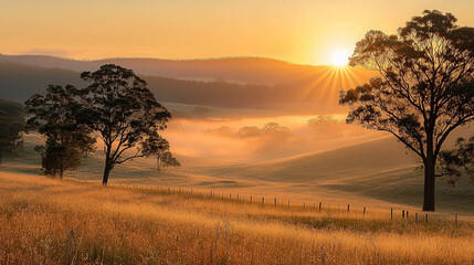 Sunrise bathes the landscape in golden light as the sun rises over a calm lake. Rolling hills and lush trees create a peaceful atmosphere, welcoming a new day